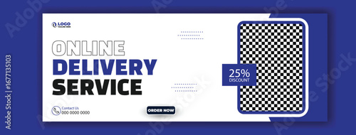 Modern online delivery service advertisement with courier and discount offer on mobile screen