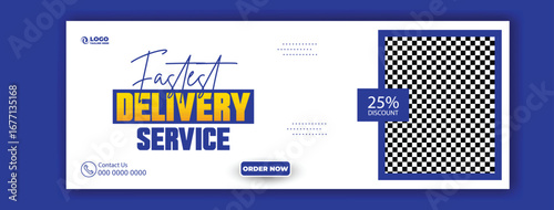 Bright yellow and purple delivery service advertisement with a discount offer and fashion models