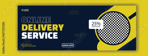 Modern online delivery service advertisement with discount offer and courier image