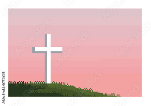White Cross at Sunset on a Hill.