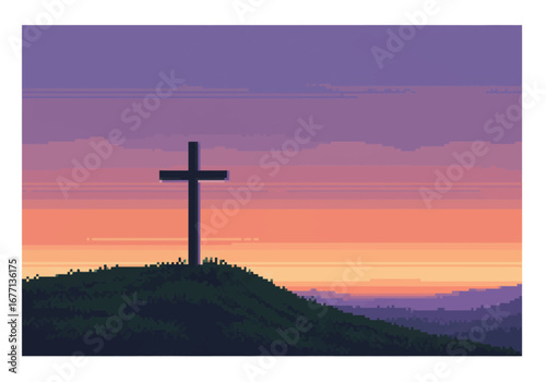 Sunset Cross Silhouette on Hilltop.