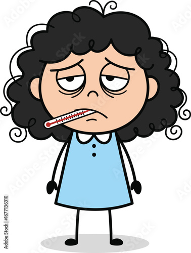 A cartoon drawing of a sick girl with a sad face and a thermometer in her mouth, feeling unwell.