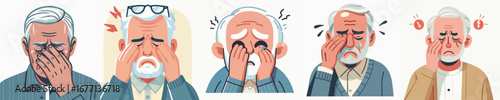 Expressive Cartoon Elderly Man with Headache and Eye Pain Illustration