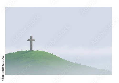 Cross on Foggy Hilltop: A Symbol of Faith and Peace.