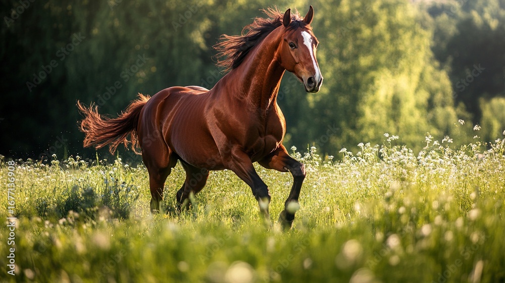 Fototapeta premium Horse Running On Green Grassland: Scene Of Natural Vitality And Strength Symbol