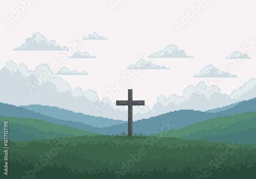 Simple Black Cross on a Hilltop Landscape.