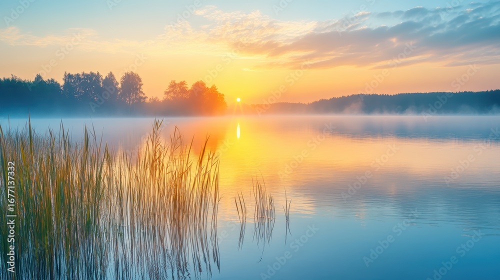 Obraz premium A serene sunrise over a misty lake, surrounded by silhouettes of trees and tall grasses, reflecting vibrant colors on the water's surface.