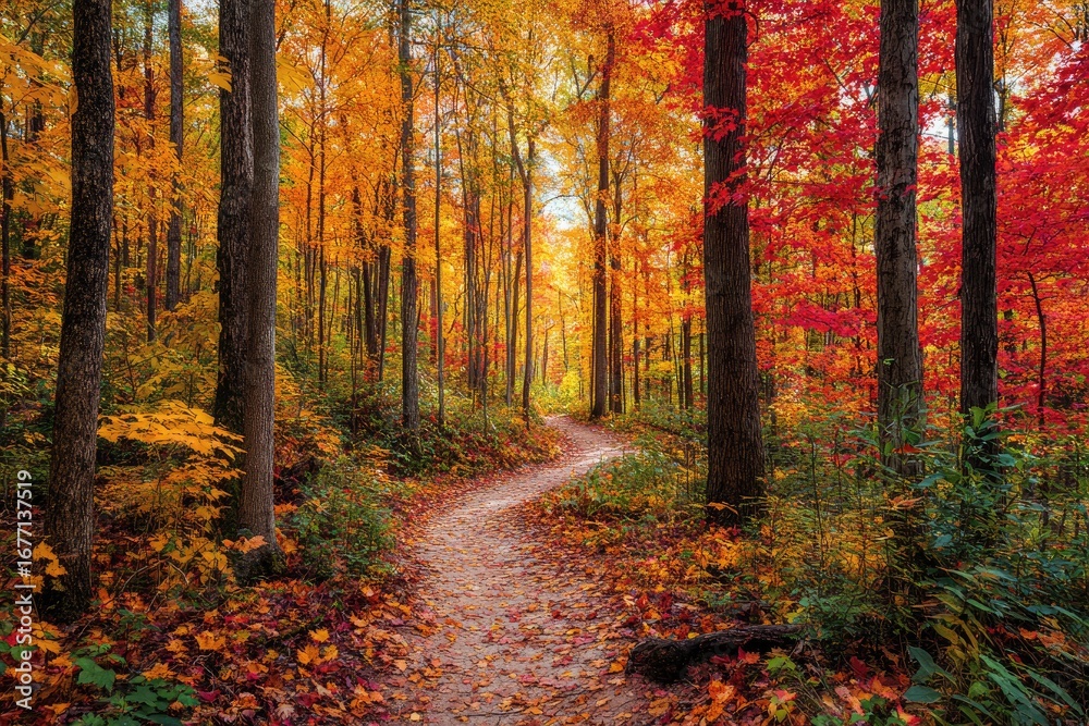 Fototapeta premium Winding path through colorful autumn forest