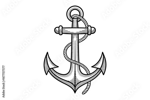 Detailed line drawing of a nautical anchor with rope wrapped around its shaft and flukes design