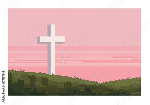 White Cross on Hilltop at Sunset.