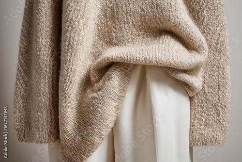 Close-up of a draped beige knitted sweater over white pants