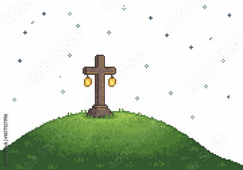Wooden Cross on Hilltop Under Starry Night.