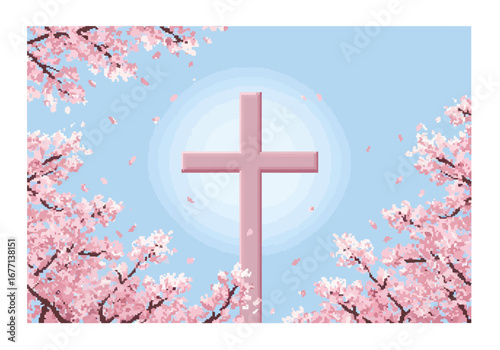 Pink Blossoms Frame Wooden Cross Against Blue Sky.
