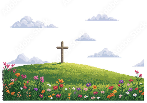 Wooden Cross on a Hilltop Wildflower Meadow.