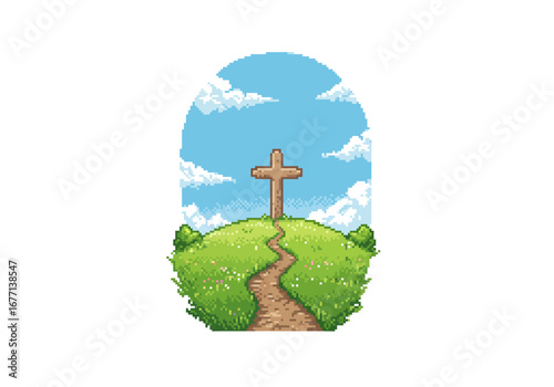 Peaceful Path to the Cross on a Sunny Hill.