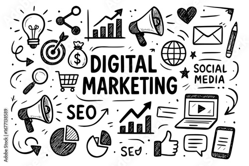 High quality hand-drawn digital marketing and social media vector illustration in black and white, featuring a bold central title surrounded by a rich array of sketch-style icons and symbols