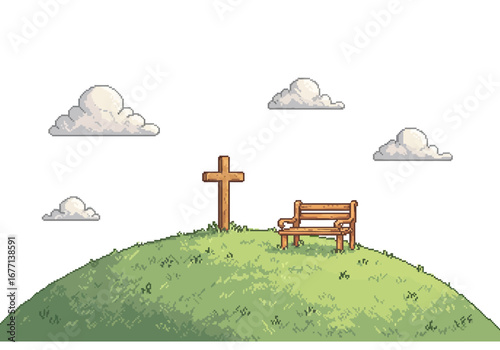 Peaceful Hilltop Cross and Bench.