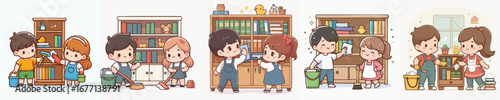 Adorable Cartoon Children Cleaning Bookcase Illustration In Different Poses Together