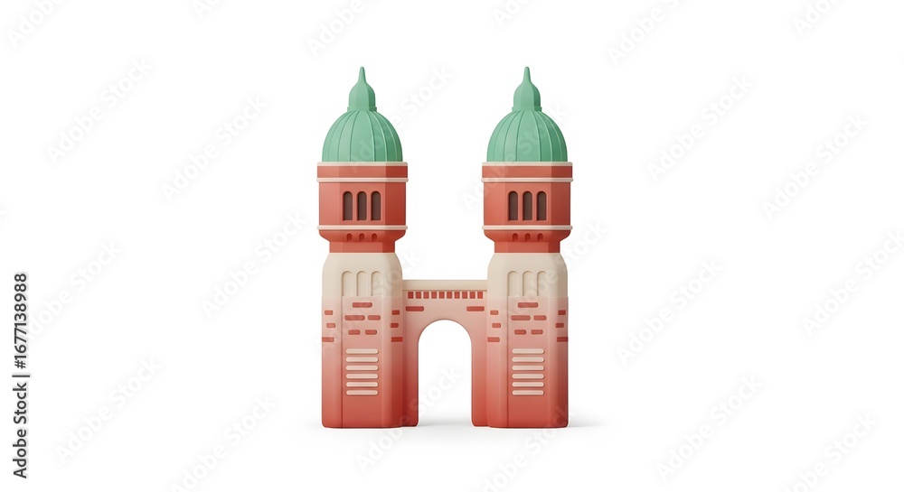 Obraz premium Stylized Twin Tower Building with Green Domes, Isolated.