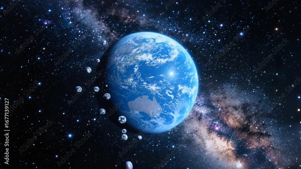 Naklejka premium In the galaxy, a blue planet, like water, with countless stars floating beside it.
