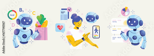 AI and Robotics in Healthcare. A Vector Illustration of a Woman with a Robotic Assistant for Digital Health, Fitness, and Wellness. Flat vector illustration. Assistant concept