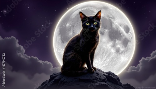 A stylized, nighttime scene with a black cat prominently in the center. The cat is depicted sitting atop a rocky outcrop under a full moon