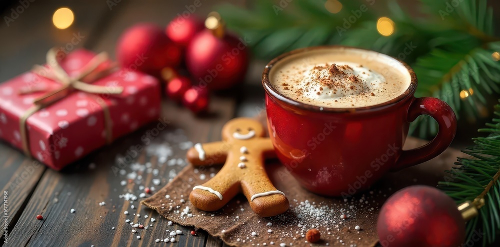Warm cocoa, gingerbread, presents, ornaments, festive background , christmas, holiday decorations, hot chocolate Warm cocoa, gingerbread, presents, ornaments, festive background , christmas, holiday decorations, hot chocolate