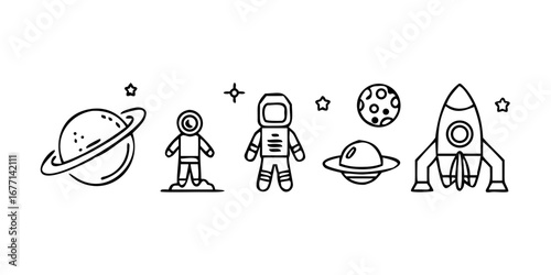 Illustration of a planet with rings, an astronaut, a moon, a flying saucer, and a rocket, , perfect for space exploration and sciencethemed designs