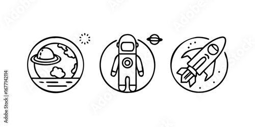 Illustration of a planet, an astronaut, and a rocket in a circular frame, , ideal for space exploration and sciencethemed designs