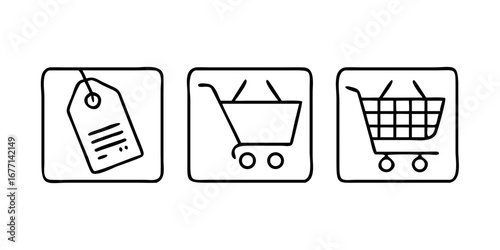 Illustration of a price tag and shopping carts, , representing retail, ecommerce, and the process of buying and selling products and services