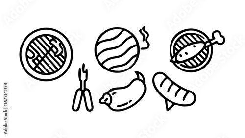 Illustration of barbecue food, featuring grill, meat, vegetable, and sausage, perfect for barbecue and cooking themes