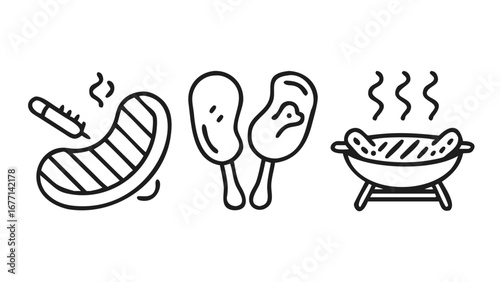Illustration of grilled meat, featuring steak, chicken drumsticks, and sausages on a grill, perfect for barbecue and cooking themes