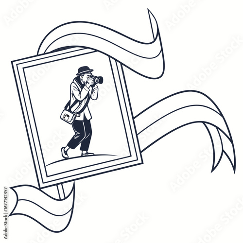 Vector art of a vintagestyle illustration of a photographer capturing a moment, framed by a decorative ribbon, showcasing the artistry and passion behind photography