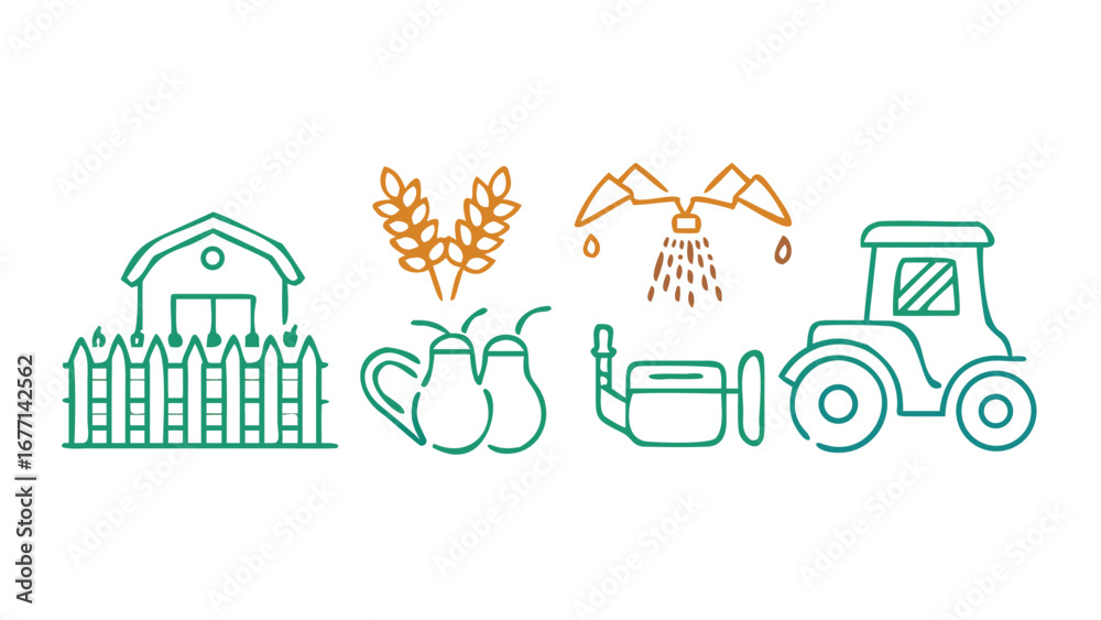 Fototapeta premium Vector art of collection of farm icons, featuring barn, wheat, irrigation system, tractor, and pears in a simple line drawing style, perfect for agriculture and rural themes