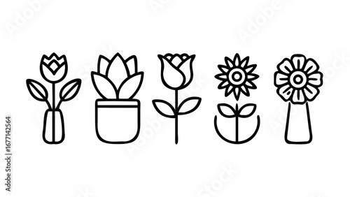 Vector art of collection of five different flower icons in a minimalist outline style, featuring tulips, roses, and sunflowers, , perfect for botanical designs and decorations