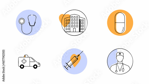 Vector art of collection of healthcare icons featuring a stethoscope, hospital building, pill, ambulance, syringe, and doctor, presented in circles with blue and orange accents