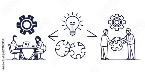 Vector art of conceptual illustration depicting business collaboration, teamwork, and problemsolving, emphasizing the importance of synergy and strategic thinking for success