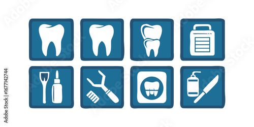 Vector art of dental care icons set featuring tooth, dentist equipment, oral hygiene and health symbols in blue and white vector illustrations for clinic and treatment