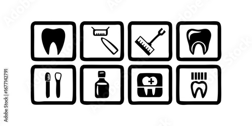Vector art of dental care icons set featuring tooth, dentist equipment, oral hygiene and health symbols in black and white vector illustrations for clinic and treatment