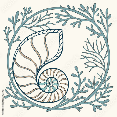 Vector art of elegant nautilus shell and coral branch design, a marineinspired illustration perfect for coastal decor, nautical themes, and summer vacation projects, evoking the serenity of the sea