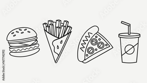 Vector art of fast food icons set featuring burger, fries, pizza, and drink in a simple, modern line art style, perfect for menus and designs