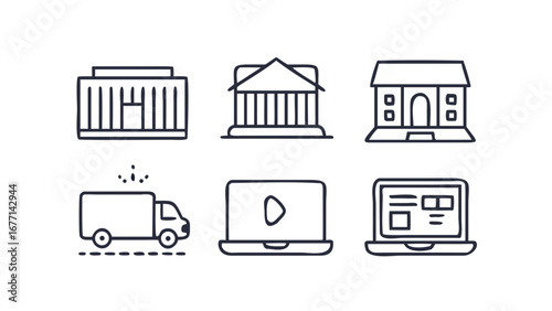 Vector art of government buildings, delivery trucks, and video websites icons, representing institutions, transport, and online media content with architectural design