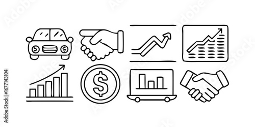 Vector art of line art illustration of business and finance icons, including a car, handshake, graphs, charts, coins, and dollar signs, representing growth, success, and financial deals