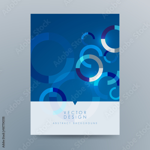 Vector Abstract Background or Cover Design Template with Blue Rings and Circle Segments on a Dark Blue Gradient, with a White Lower Section