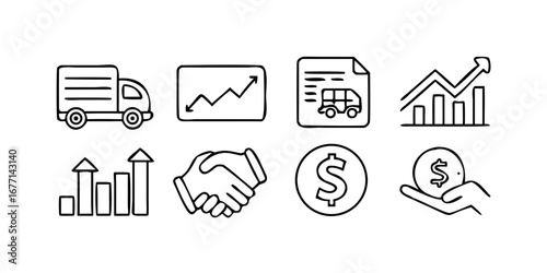 Vector art of line art illustration of business and transportation icons, including a truck, graphs, charts, handshake, coins, and dollar signs, representing growth, success, and delivery services