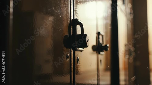 Vintage metal lockers with padlock and key, close up. Secured storage, school lockers concept.