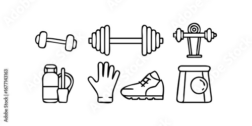 Vector art of line art illustration showing dumbbells, a barbell, a weight machine, a protein shake, a glove, a shoe, and a sandbag