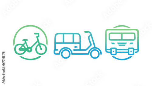 Vector art of line icons of bicycle, rickshaw and bus, representing various modes of transportation, ecofriendly travel options, and public transport services