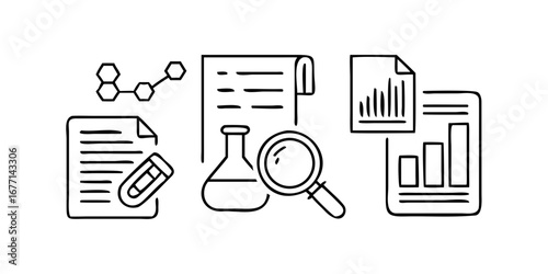 Vector art of scientific research and analysis concept with laboratory equipment, data reports, and molecular structures