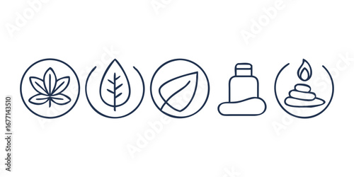 Vector art of set of spa and wellness icons featuring leaves, essential oil bottle and stacked stones in simple line art style for graphic design and illustration projects